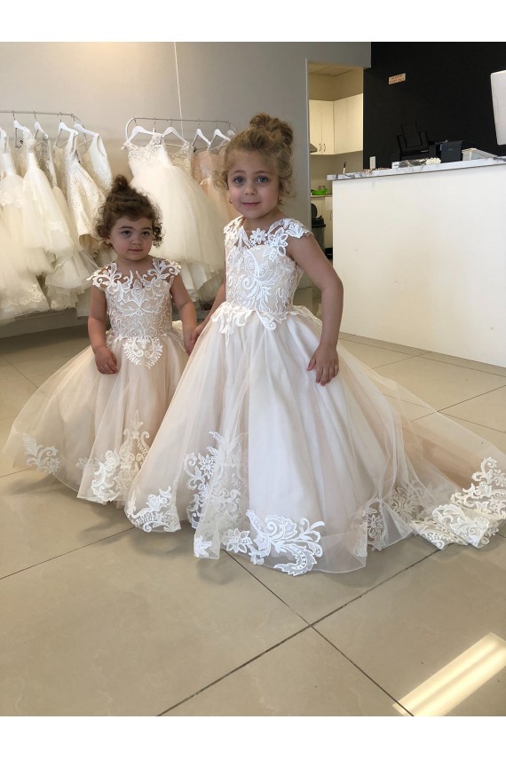 Ivoire Princesse Bateau Tulle Dentelle Longue Robes de demoiselle d'honneur - fillette en Gros