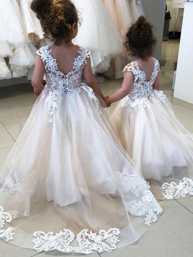 Ivoire Princesse Bateau Tulle Dentelle Longue Robes de demoiselle d'honneur - fillette en Gros