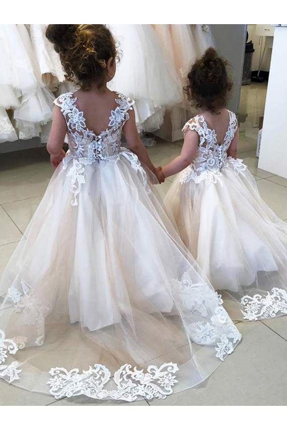 Ivoire Princesse Bateau Tulle Dentelle Longue Robes de demoiselle d'honneur - fillette en Gros