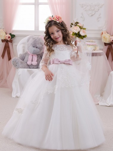 Ivoire Princesse Bateau Tulle Dentelle Longue Robes de demoiselle d'honneur - fillette en Gros