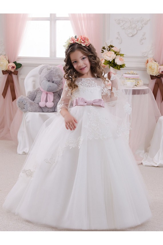 Ivoire Princesse Bateau Tulle Dentelle Longue Robes de demoiselle d'honneur - fillette en Gros