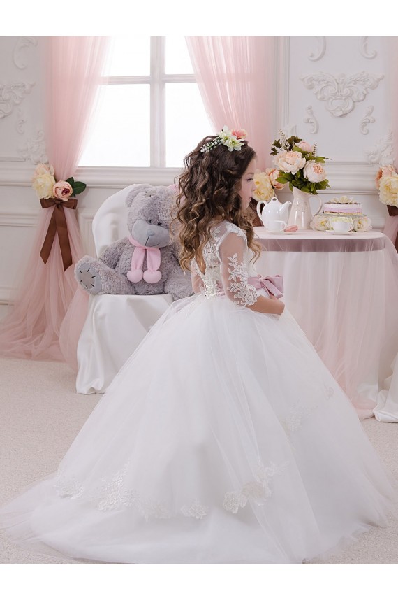Ivoire Princesse Bateau Tulle Dentelle Longue Robes de demoiselle d'honneur - fillette en Gros