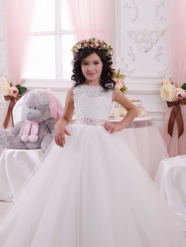 Ivoire Princesse Bateau Tulle Dentelle Longue Robes de demoiselle d'honneur - fillette en Gros