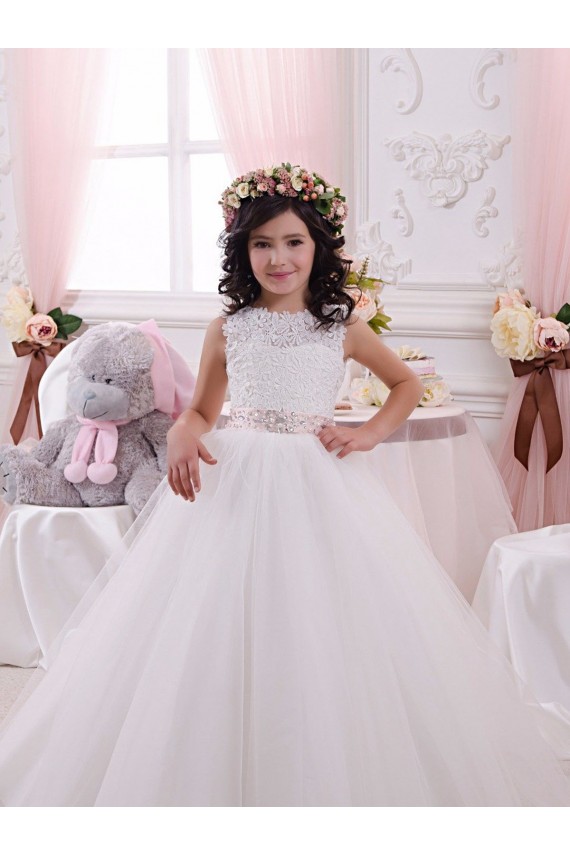 Ivoire Princesse Bateau Tulle Dentelle Longue Robes de demoiselle d'honneur - fillette en Gros