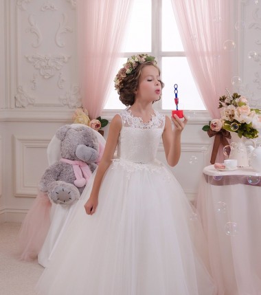 Ivoire Princesse Col Haut Tulle Dentelle Longue Robes de demoiselle d'honneur - fillette en Gros