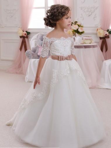 Ivoire Princesse Col Haut Tulle Dentelle Longue Robes de demoiselle d'honneur - fillette en Gros