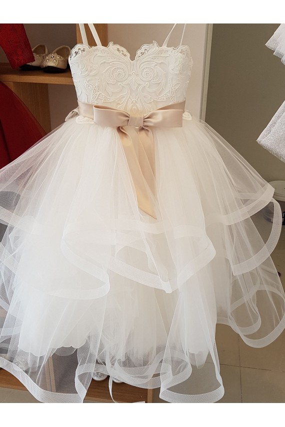 Ivoire Princesse Col Haut Tulle Dentelle Longue Robes de demoiselle d'honneur - fillette en Gros