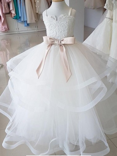 Ivoire Princesse Col Haut Tulle Dentelle Longue Robes de demoiselle d'honneur - fillette en Gros