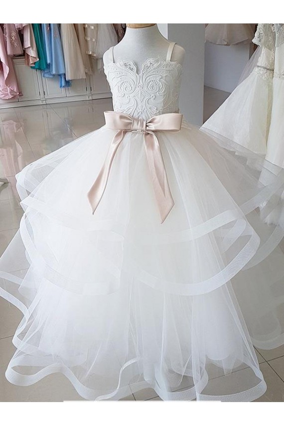 Ivoire Princesse Col Haut Tulle Dentelle Longue Robes de demoiselle d'honneur - fillette en Gros