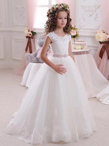Ivoire Princesse Col Haut Tulle Dentelle Longue Robes de demoiselle d'honneur - fillette en Gros