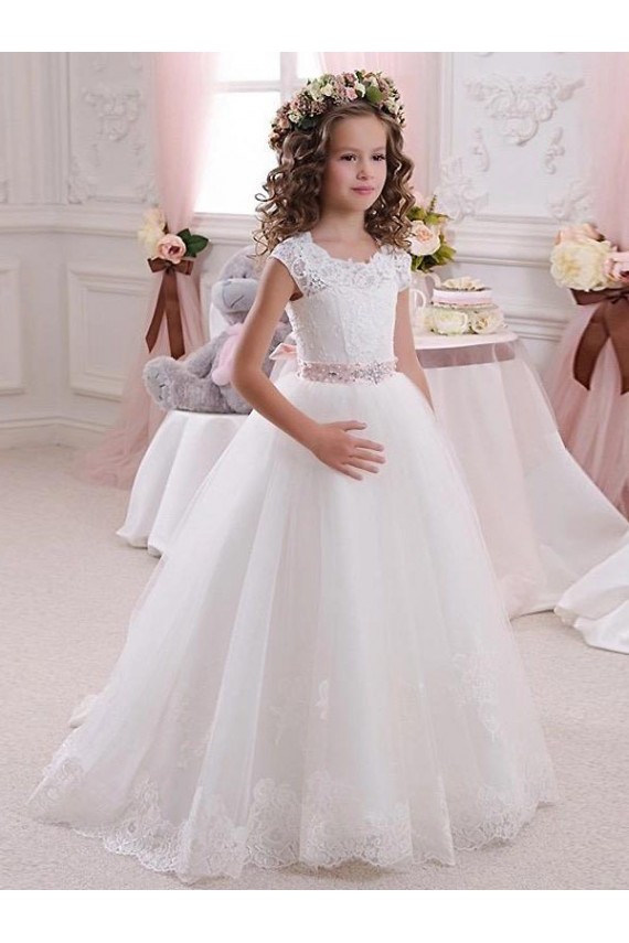 Ivoire Princesse Col Haut Tulle Dentelle Longue Robes de demoiselle d'honneur - fillette en Gros