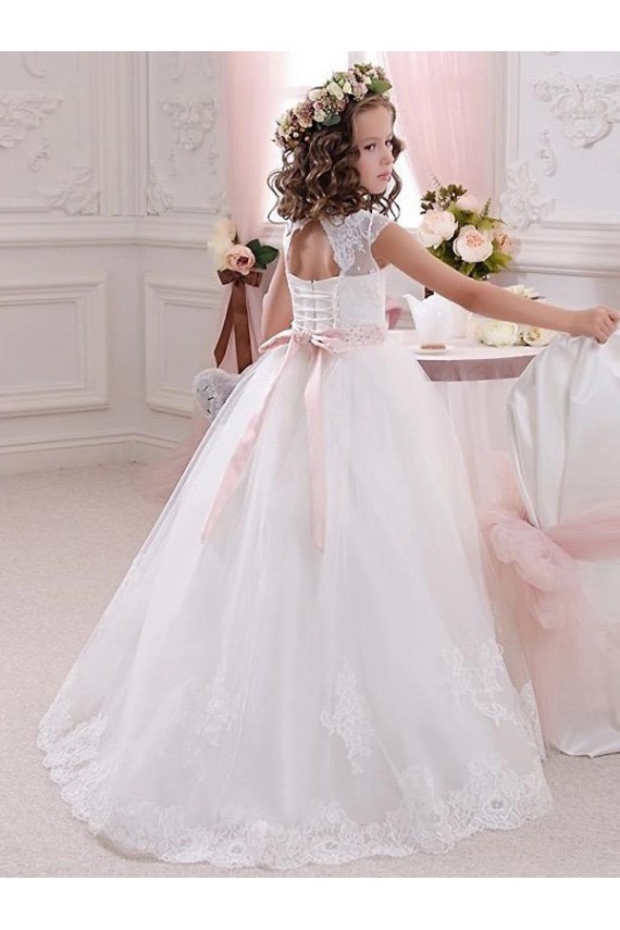 Ivoire Princesse Col Haut Tulle Dentelle Longue Robes de demoiselle d'honneur - fillette en Gros