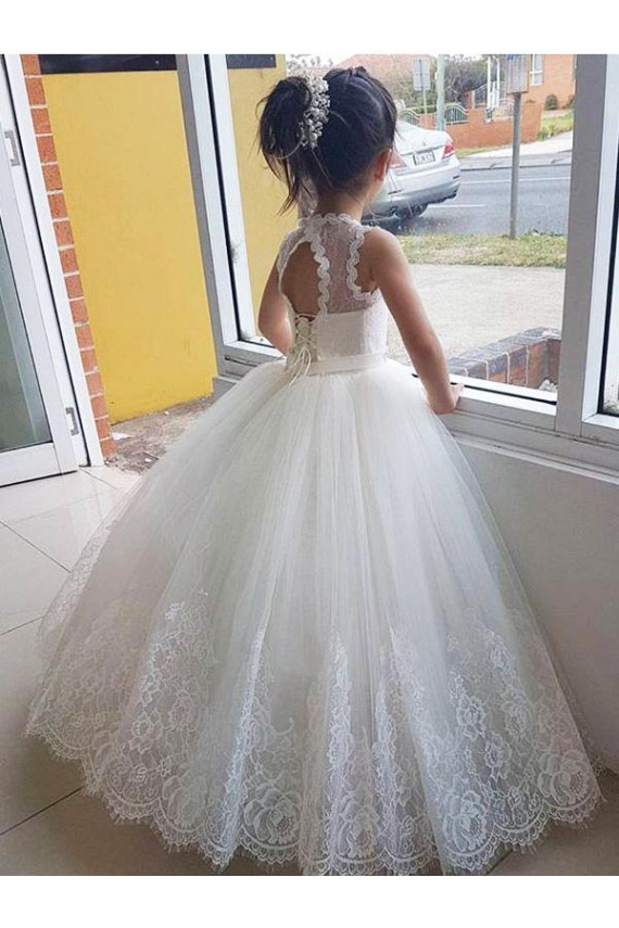 Ivoire Princesse Col Haut Tulle Dentelle Longue Robes de demoiselle d'honneur - fillette en Gros