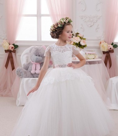 Ivoire Princesse Tulle Dentelle Longue Robes de demoiselle d'honneur - fillette en Gros