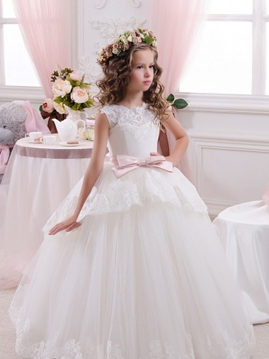 Ivoire Princesse Tulle Dentelle Longue Robes de demoiselle d'honneur - fillette en Gros