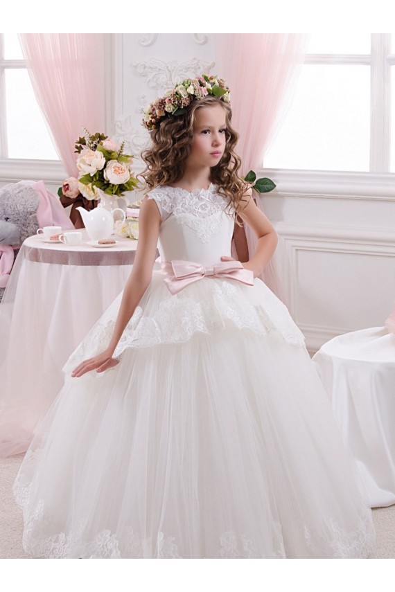 Ivoire Princesse Tulle Dentelle Longue Robes de demoiselle d'honneur - fillette en Gros