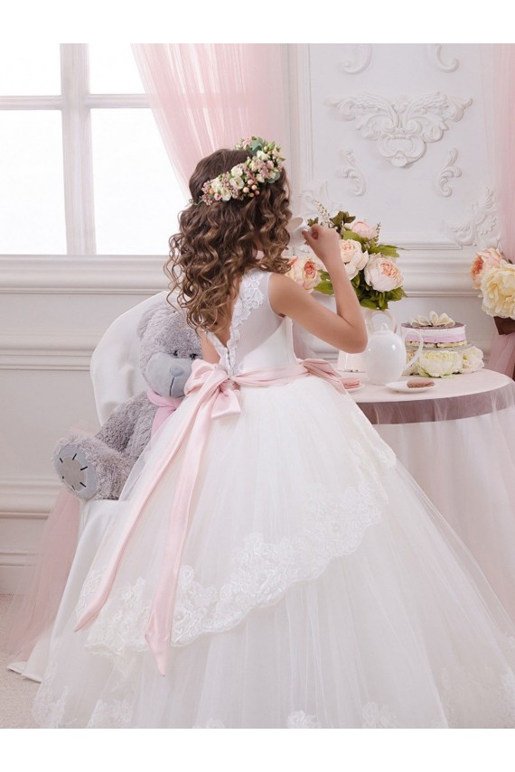 Ivoire Princesse Tulle Dentelle Longue Robes de demoiselle d'honneur - fillette en Gros
