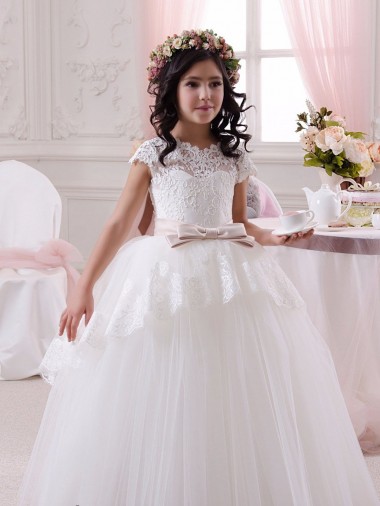 Ivoire Princesse Tulle Dentelle Longue Robes de demoiselle d'honneur - fillette en Gros