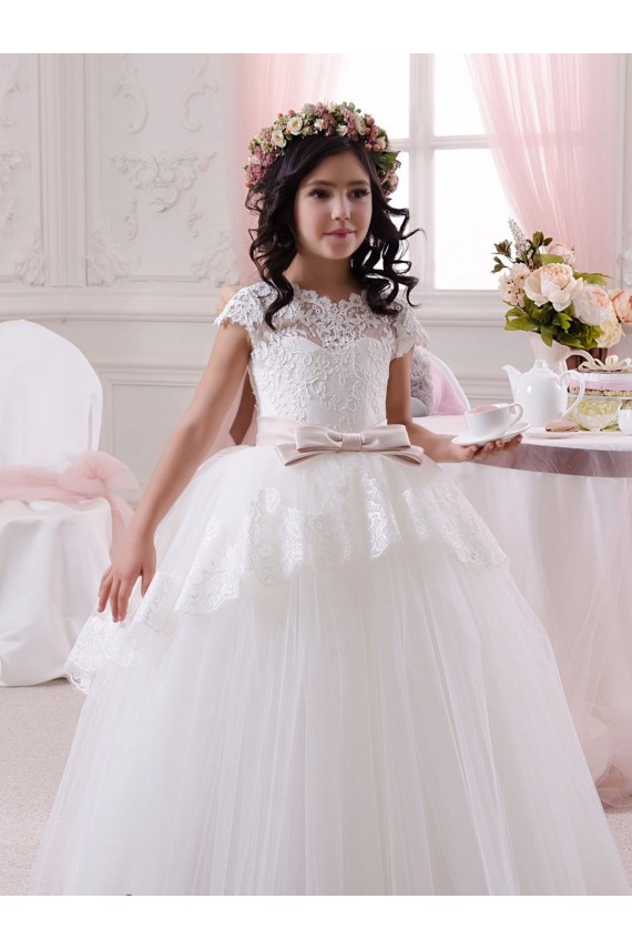 Ivoire Princesse Tulle Dentelle Longue Robes de demoiselle d'honneur - fillette en Gros