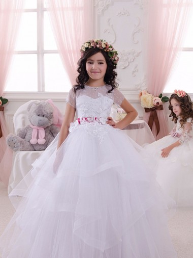 Ivoire Princesse Tulle Dentelle Longue Robes de demoiselle d'honneur - fillette en Gros