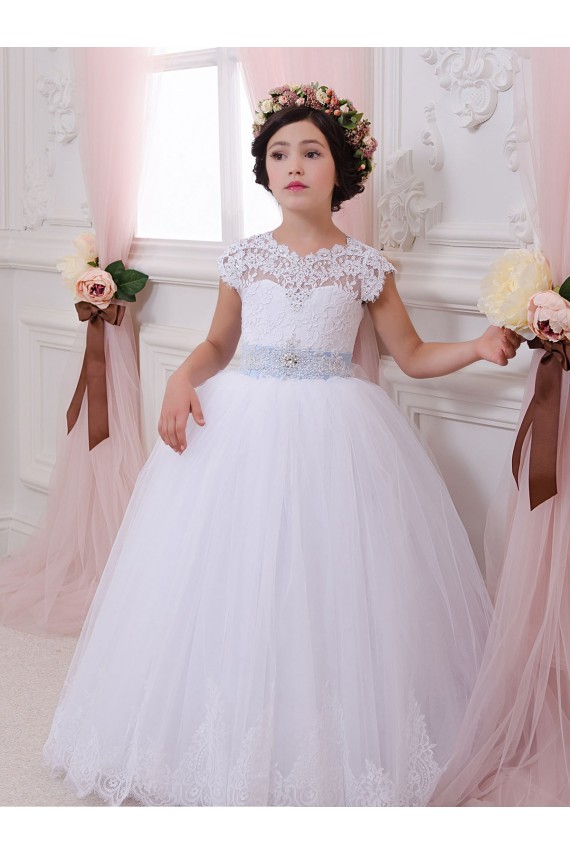 Ivoire Princesse Tulle Dentelle Longue Robes de demoiselle d'honneur - fillette en Gros