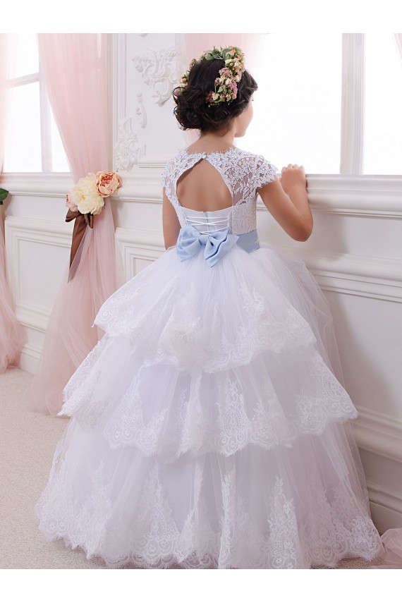 Ivoire Princesse Tulle Dentelle Longue Robes de demoiselle d'honneur - fillette en Gros