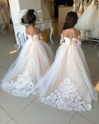 Ivoire Princesse Tulle Dentelle Longue Robes de demoiselle d'honneur - fillette en Gros