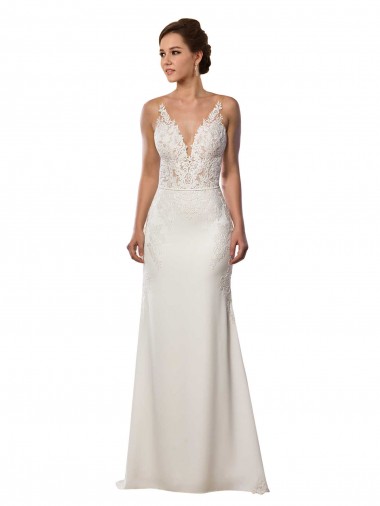 Ivoire Sirène Col V Dentelle Crêpe Stretch Robes de mariée en Gros