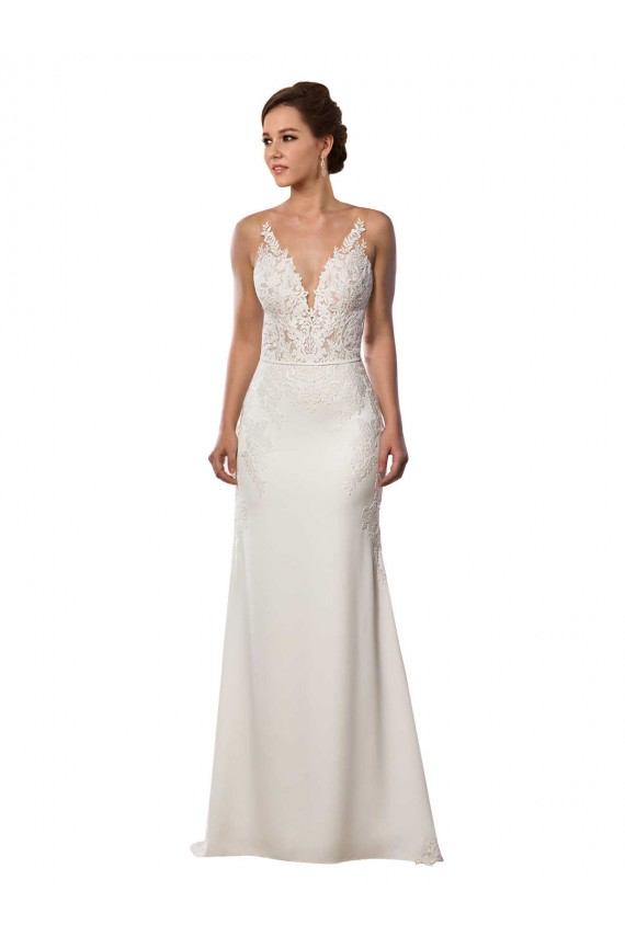 Ivoire Sirène Col V Dentelle Crêpe Stretch Robes de mariée en Gros