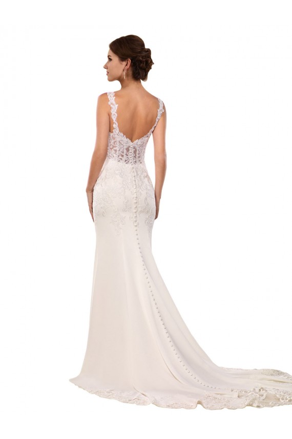 Ivoire Sirène Col V Dentelle Crêpe Stretch Robes de mariée en Gros