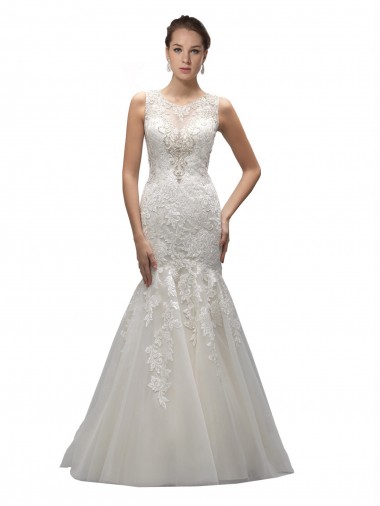 Ivoire Sirène Illusion Balayage train Tulle Dentelle Robes de mariée en Gros