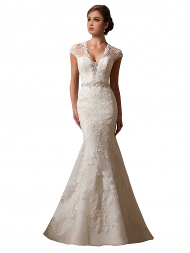 Ivoire Sirène Illusion Col V Tulle Dentelle Robes de mariée en Gros