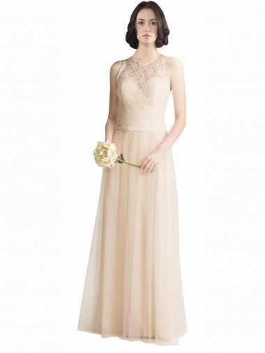 Ivoire Trapèze Bateau Illusion Tulle Dentelle Longue Robes demoiselle d'honneur en Gros