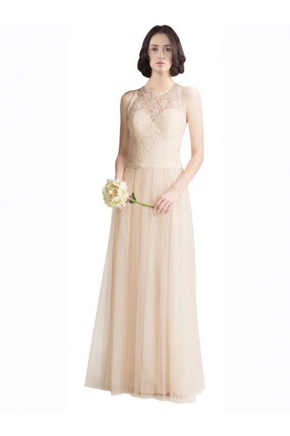 Ivoire Trapèze Bateau Illusion Tulle Dentelle Longue Robes demoiselle d'honneur en Gros