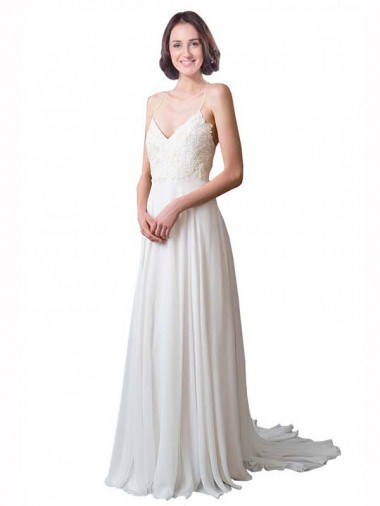 Ivoire Trapèze Bretelles spaghetti Col V Mousseline Dentelle Plage Robes de mariée en Gros