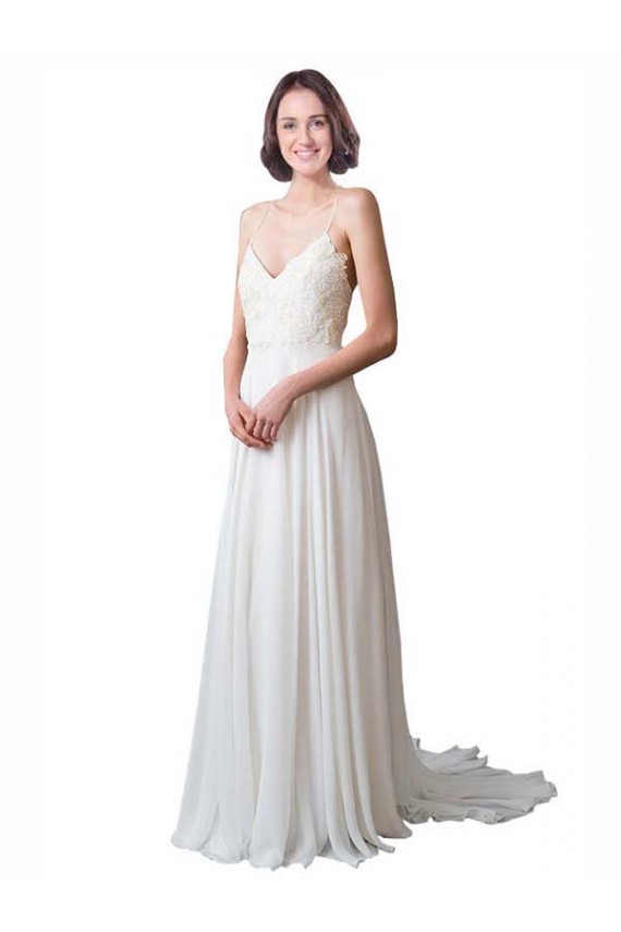 Ivoire Trapèze Bretelles spaghetti Col V Mousseline Dentelle Plage Robes de mariée en Gros