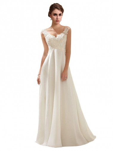 Ivoire Trapèze Col V Balayage train Mousseline Dentelle Robes de mariée en Gros