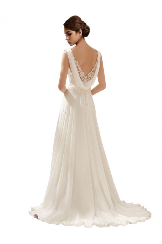 Ivoire Trapèze Col V Balayage train Mousseline Dentelle Robes de mariée en Gros