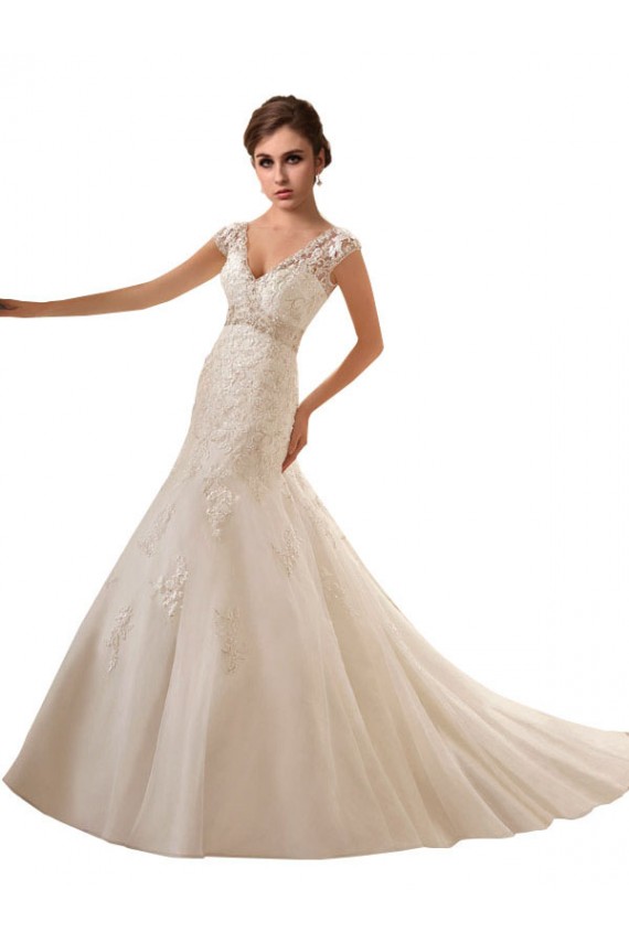 Ivoire Trapèze Col V Tulle Dentelle Robes de mariée en Gros