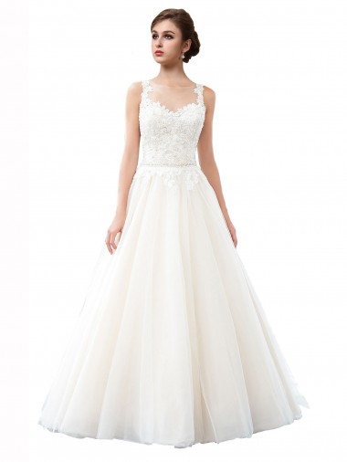Ivoire Trapèze Illusion Traîne cathédrale Tulle Dentelle Plage Robes de mariée en Gros