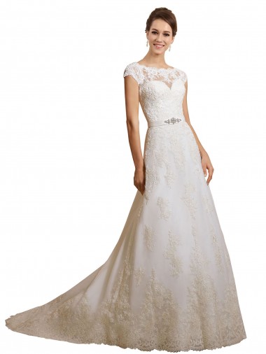 Ivoire Trapèze Illusion Tulle Dentelle Classique Robes de mariée en Gros