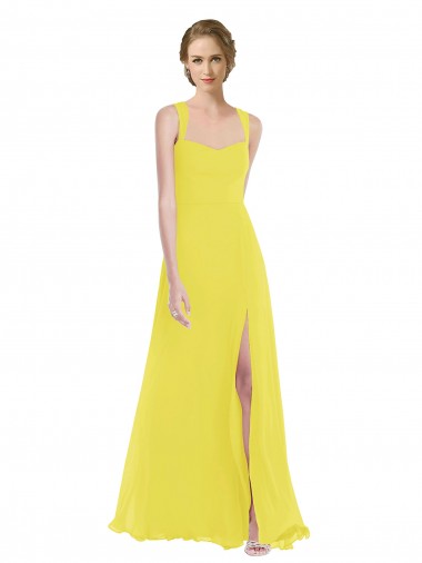 Jaune Trapèze Bretelles spaghetti Mousseline Longue Robes demoiselle d'honneur en Gros