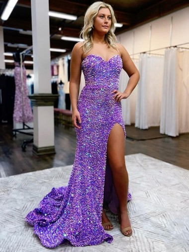 Lavande Trapèze Traîne moyenne Paillettes Velours Longue Robes de bal en Gros