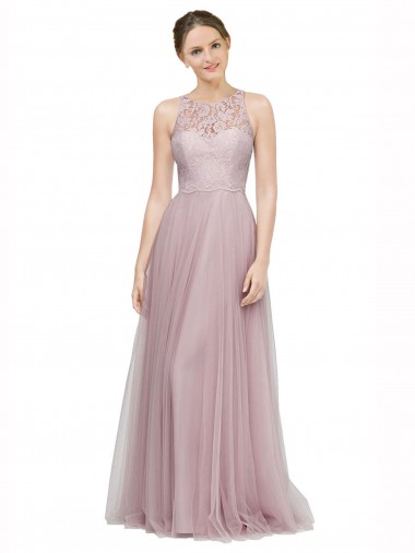 Light Lilac Trapèze Tulle Dentelle Longue Robes demoiselle d'honneur en Gros