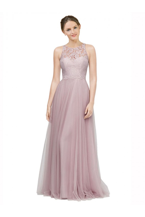 Light Lilac Trapèze Tulle Dentelle Longue Robes demoiselle d'honneur en Gros