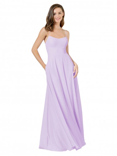 Lilas Trapèze Bretelles spaghetti Col Carré Mousseline Longue Robes demoiselle d'honneur en Gros
