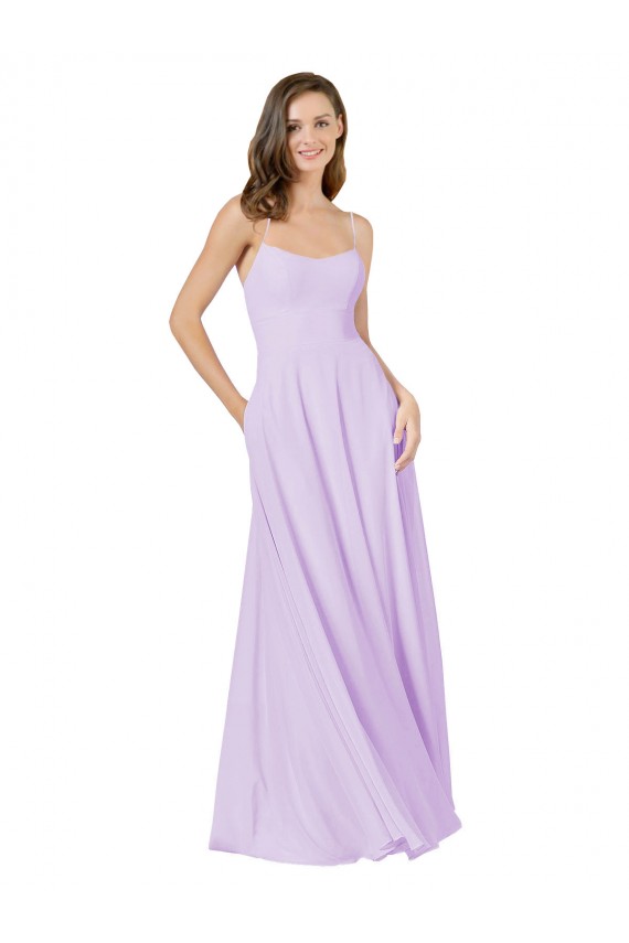 Lilas Trapèze Bretelles spaghetti Col Carré Mousseline Longue Robes demoiselle d'honneur en Gros