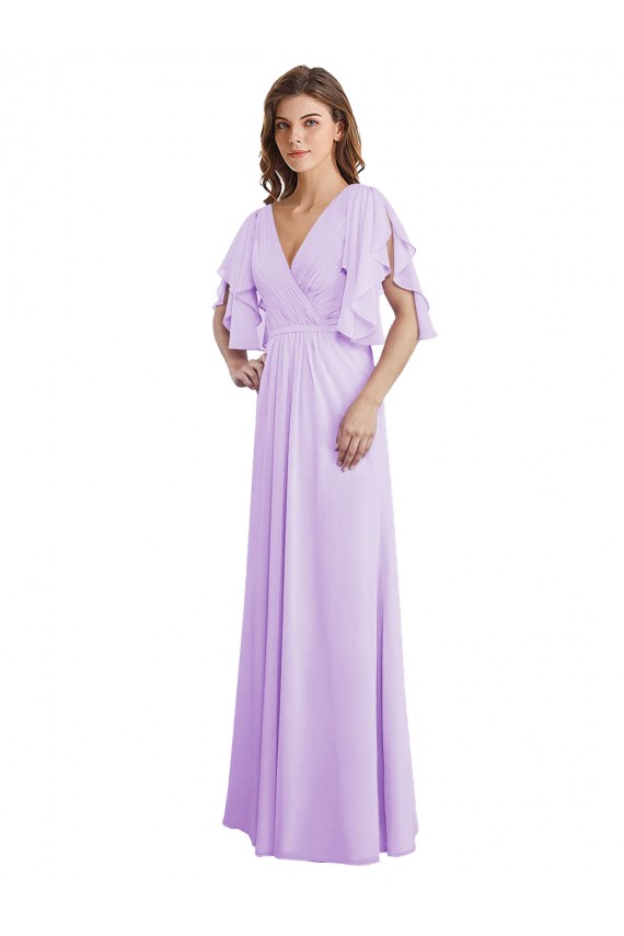 Lilas Trapèze Col V Mousseline Longue Robes demoiselle d'honneur en Gros