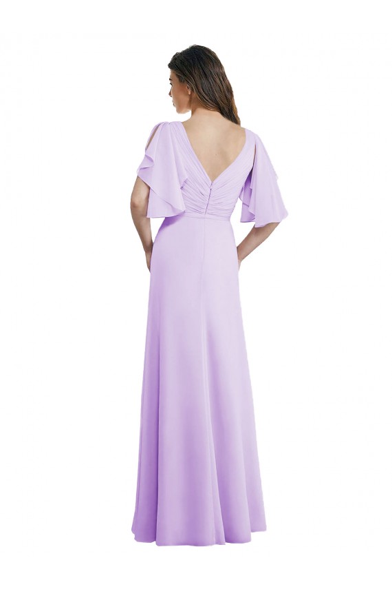 Lilas Trapèze Col V Mousseline Longue Robes demoiselle d'honneur en Gros