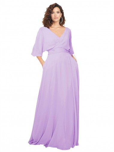 Lilas Trapèze Col V Mousseline Longue Robes demoiselle d'honneur en Gros